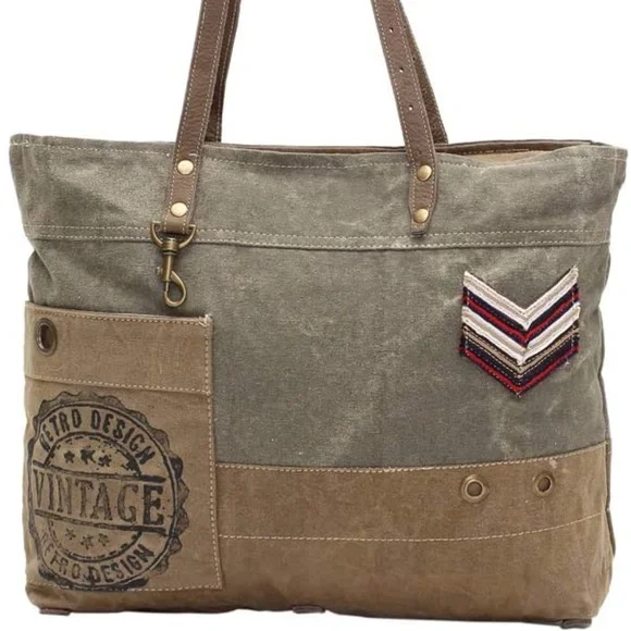 Myra-Military Badge Canvas dark green/tan Vintage stamp/badge design Tote-NWT Totes